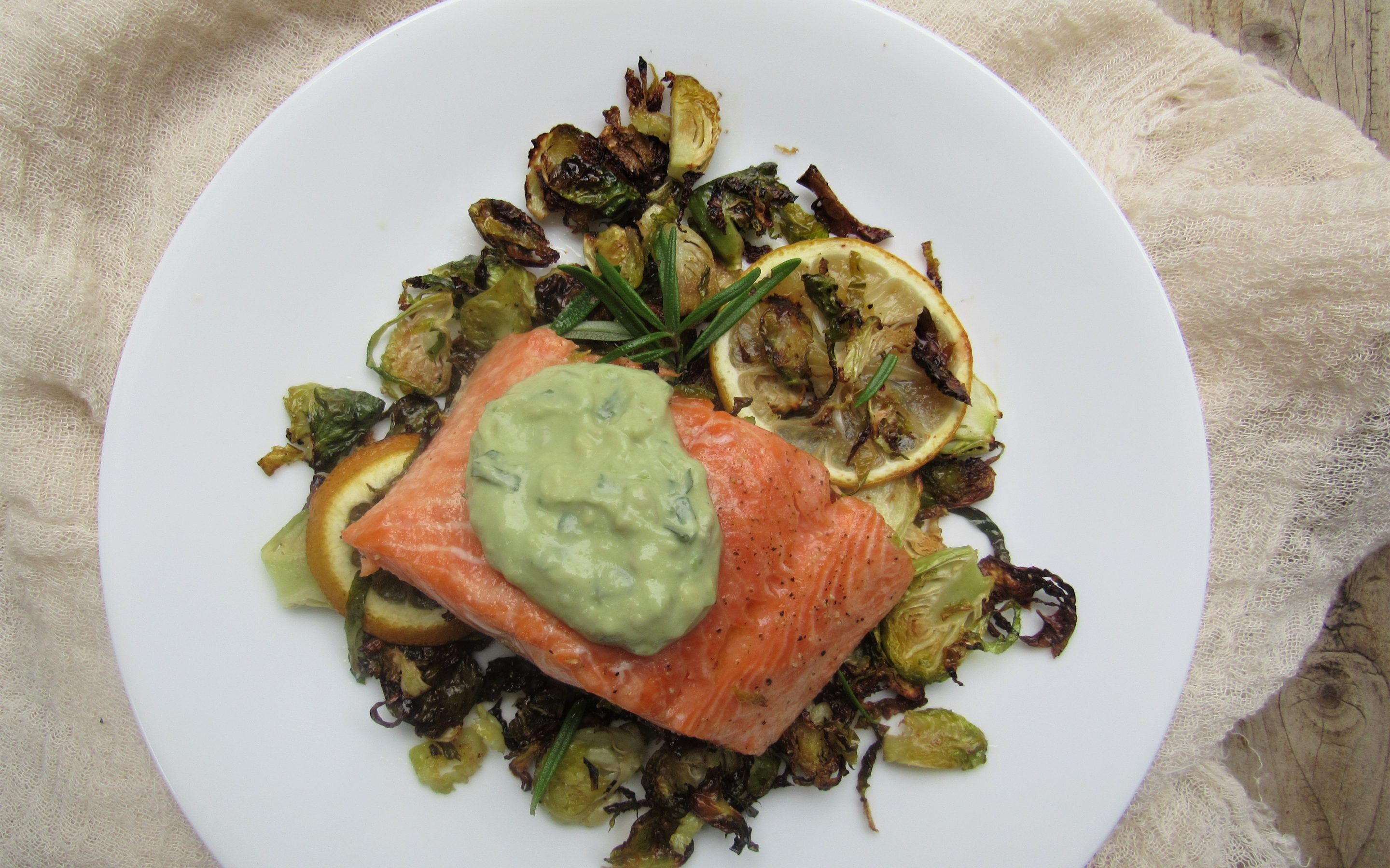 dinner plated by hudson valley based private chef. Salmon and brussels sprouts