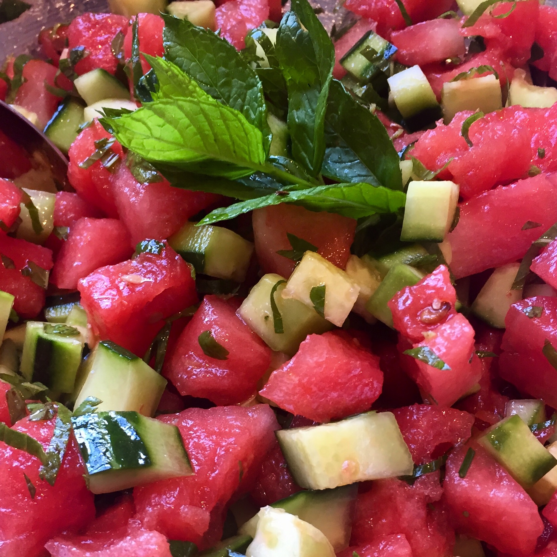 a closeup image of Watermelon-Cucumber Salad